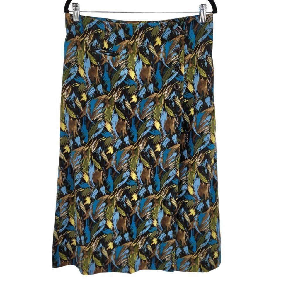 Christopher & Banks Skirt Wrap Retro 70's Abstract Mod Button Midi Blue 8‎